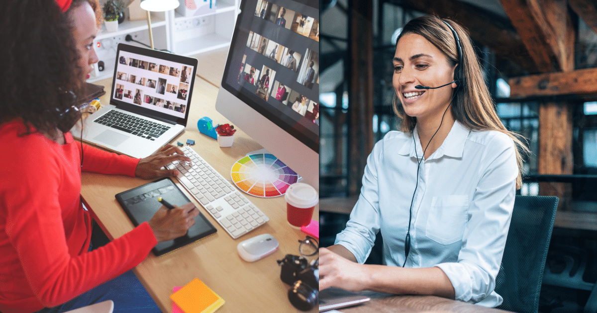 Split-screen image showing a freelancer working on a design project and a virtual assistant handling communication tasks.